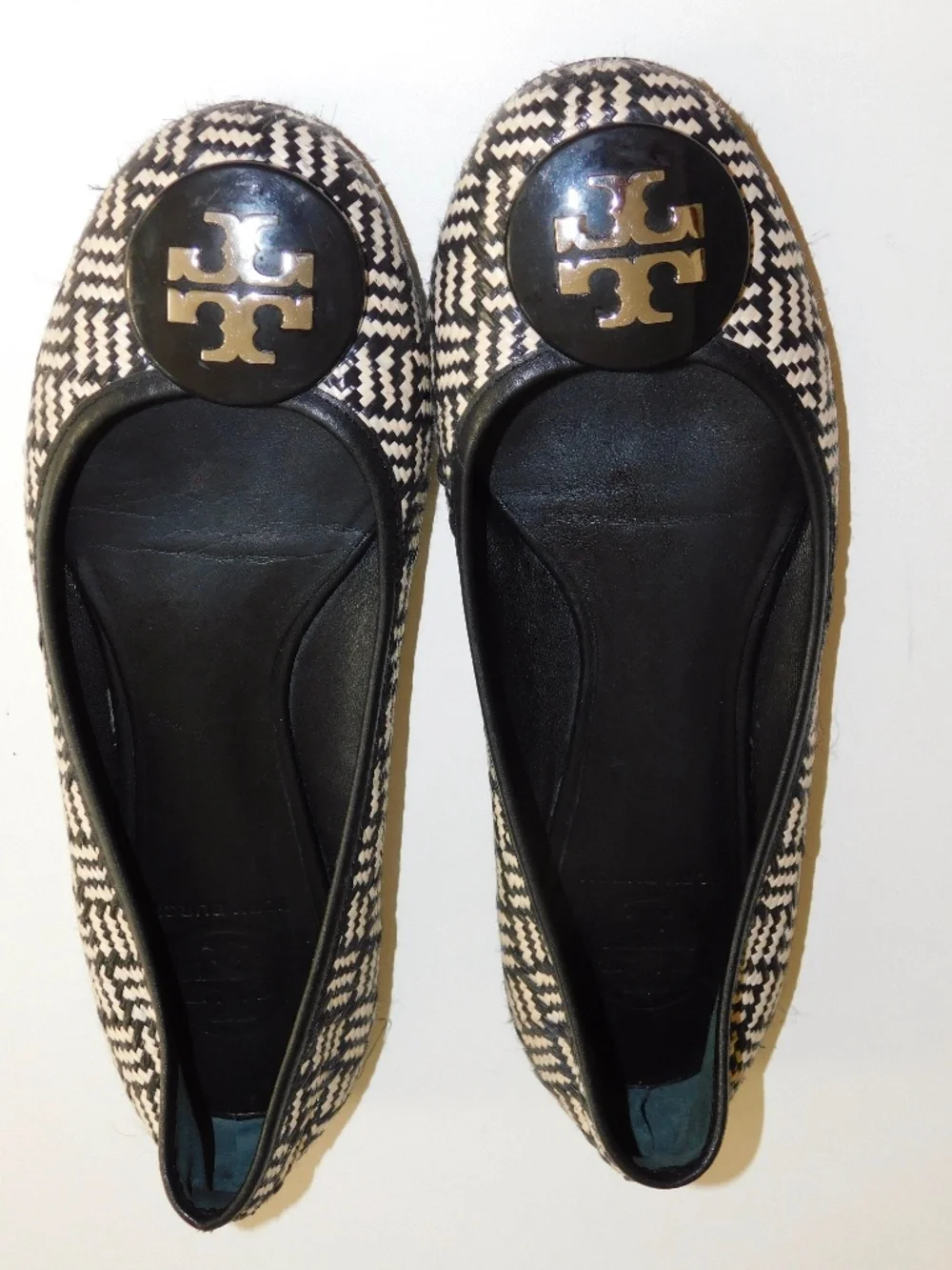 Tory Burch Black and Cream Woven Logo Ballet Flats